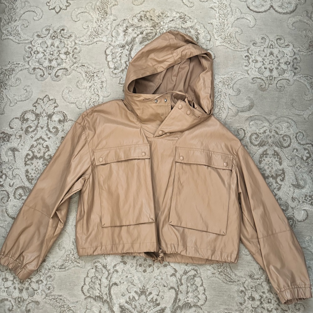 Zara Pleather tan crop jacket with hoodie.